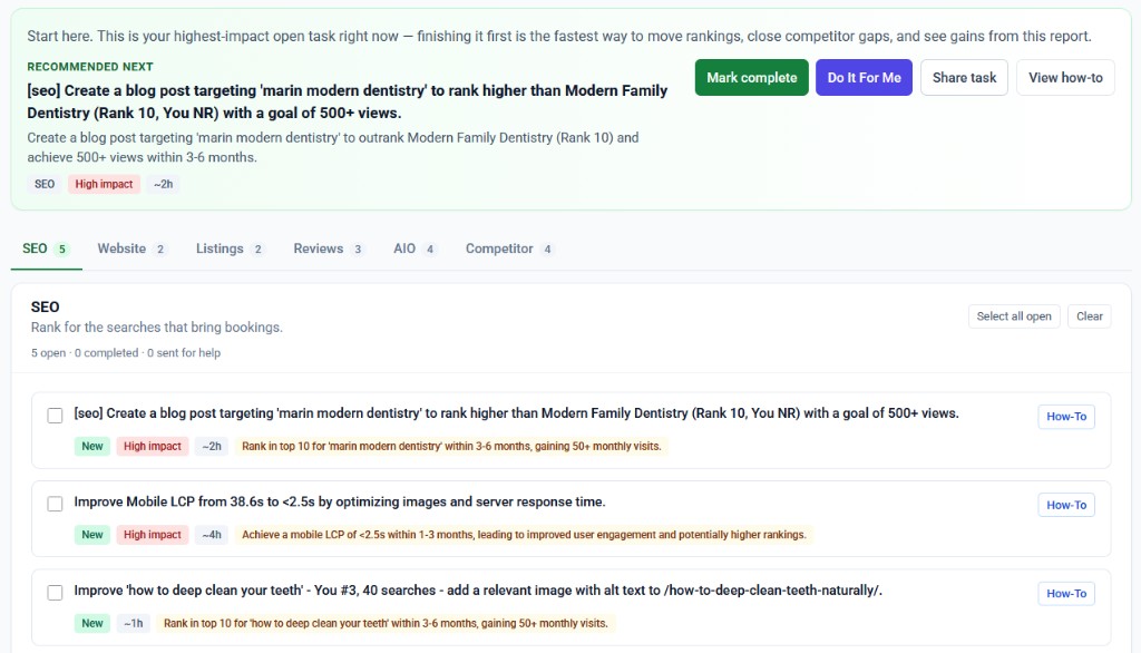 CLIXERA Growth Hub recommended next task and SEO action list